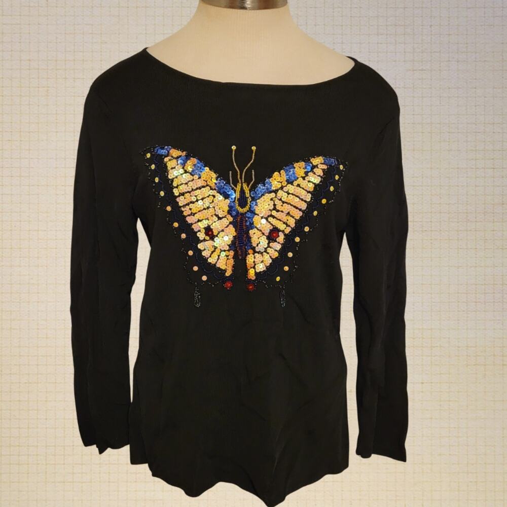 Y2K Lucia Burns Sequin Beaded Butterfly Stretch Top Women Large Rayon Nylon Ls.